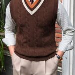 TrendsMen Men’s Collegiate Patchwork Cable Knit V-Neck Sweater Vest – Preppy Style Layering Top